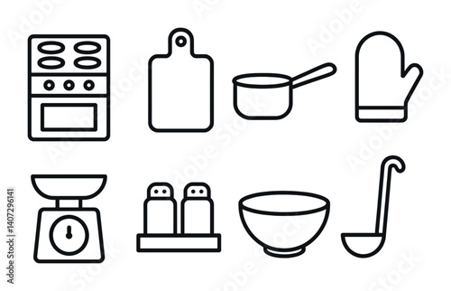 outline vector icons of home cooking essentials: stove, cutting board, saucepan, oven mitt, kitchen scale, spice rack, mixing bowl, ladle. No text. The icons should be clean. isolated transparent