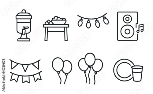 outline vector icons of home party setup: drink dispenser, snack table, party lights, music speaker, banner, balloons, plates, cups. No text. The icons should be clean. isolated transparent