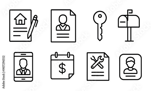 outline vector icons of rental living: rental agreement, lease document, apartment key, mailbox, landlord contact, rent due notice, maintenance request, tenant profile. No text. The icons should be