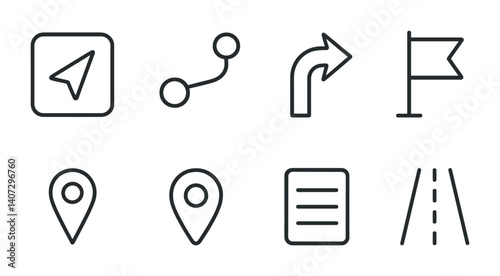 outline vector icons of navigation tools: GPS, route, turn arrow, destination flag, distance marker, waypoint, navigation menu, road icon. No text. The icons should be clean. isolated transparent