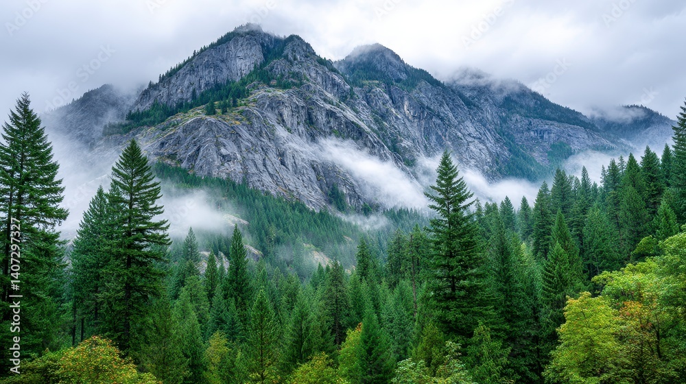 Fototapeta premium Misty Mountain Landscape with Green Pine Trees and Gray Rocks