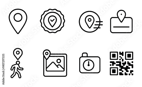 outline vector icons of check-in features: check-in pin, visited badge, location stamp, place name tag, check-in time, activity marker, location photo, QR code. No text. The icons should be clean.