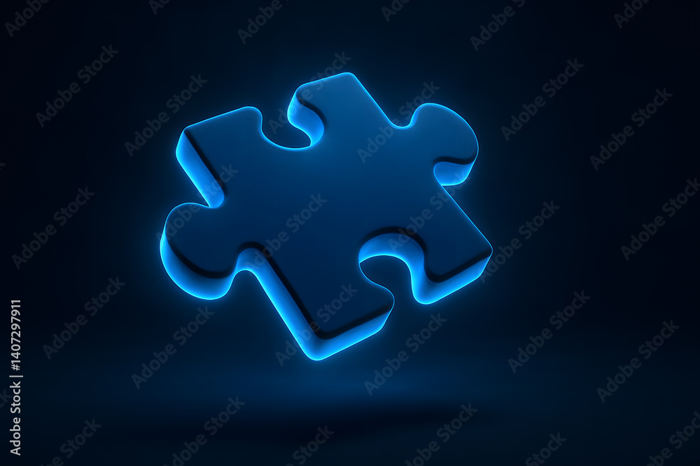 Fototapeta premium Blue Puzzle Piece Symbol of Autism Awareness on Dark Background with Glowing Neon Light, 3D Render Concept