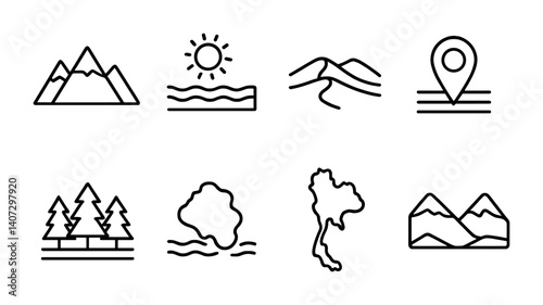outline vector icons of region-specific icons: mountain range, coastal, desert dunes, plains marker, forest zone, island shape, regional map, valley. No text. The icons should be clean. isolated