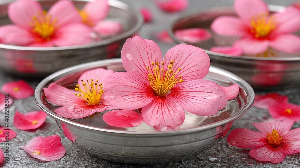 Pink Flowers in Water Bowls, Serene Spa Setting Pink Flowers in Water Bowls, Serene Spa Setting