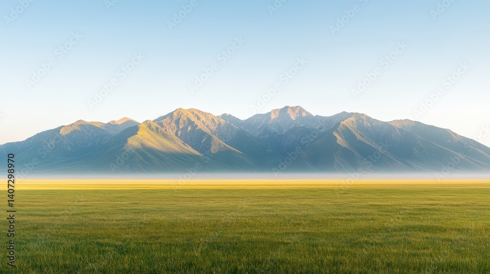 Obraz premium A breathtaking view of majestic mountains under a clear sky, complemented by an expansive green meadow at dawn, capturing the serene beauty of nature in a tranquil setting.