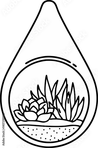 Florarium icon with succulents in a glass drop, contour drawing. Vector illustration for design and decoration. Nature, domestic plants.