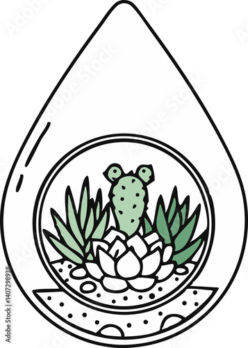 Florarium icon with succulents in a glass drop, contour drawing. Vector illustration for design and decoration. Nature, domestic plants.