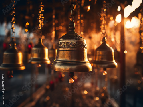 Sacred bells chiming gently creating peaceful space with golden light softly filtering through