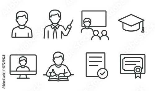 outline vector icons of educational emails: course email, lesson update, enrollment confirmation, assignment notice, student message, feedback email, online class invite, study reminder. No text. The