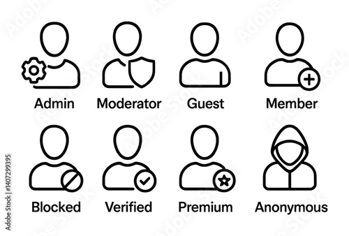 outline vector icons of user management settings: add user, remove user, change role, permissions, group settings, switch user, login activity, user list. No text. The icons should be clean. isolated