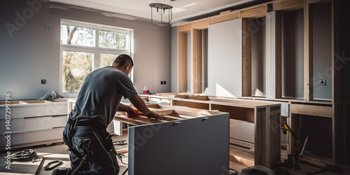 Carpenter installing modern kitchen furniture...