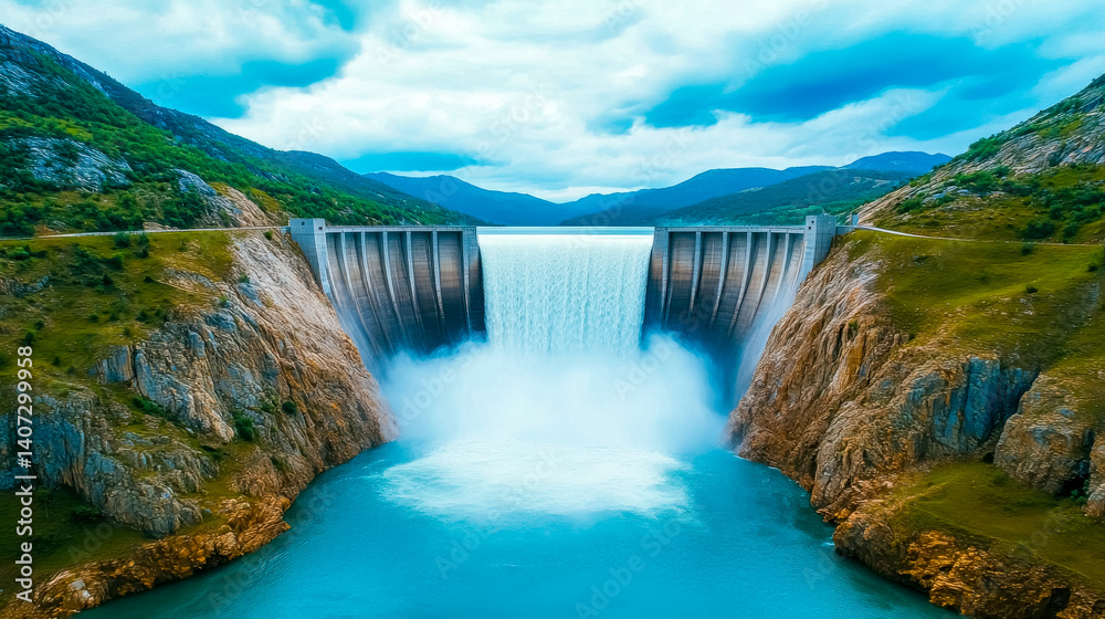Fototapeta premium Water rushing over a massive dam in a mountain valley