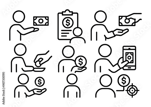 outline vector icons of person and money: paying, receiving cash, budgeting, tipping, holding coin, mobile payment, transaction, financial planning. No text. The icons should be clean. isolated