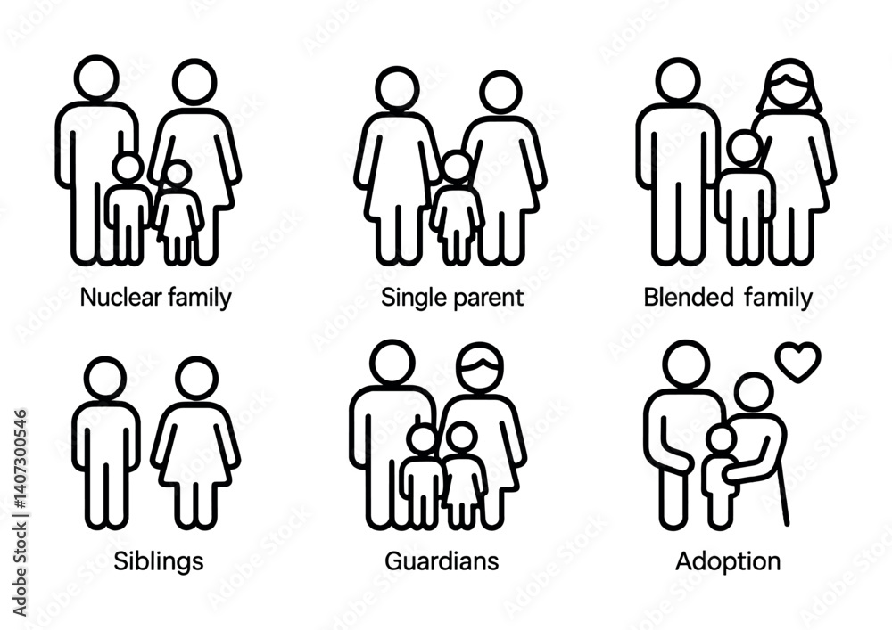 outline vector icons of family structures: nuclear family, single parent, blended family, grandparent household, siblings, guardians, extended family, adoption. No text. The icons should be clean. outline vector icons of family structures: nuclear family, single parent, blended family, grandparent household, siblings, guardians, extended family, adoption. No text. The icons should be clean.