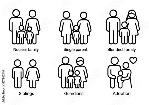 outline vector icons of family structures: nuclear family, single parent, blended family, grandparent household, siblings, guardians, extended family, adoption. No text. The icons should be clean.