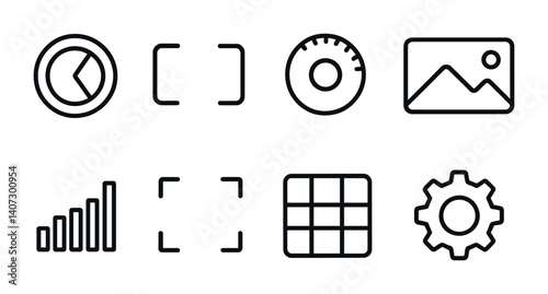 outline vector icons of camera interface elements: shutter button, viewfinder, mode dial, preview screen, histogram, focus square, grid overlay, settings icon. No text. The icons should be clean.