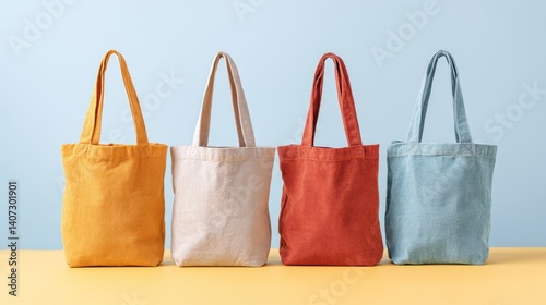 A collection of colorful tote bags displayed on a vibrant surface, showcasing stylish and eco-friendly choices for everyday use. Perfect for shopping or casual outings.