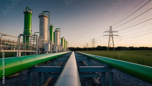 Green Hydrogen renewable energy production pipeline. Green hydrogen gas for clean electricity facility 