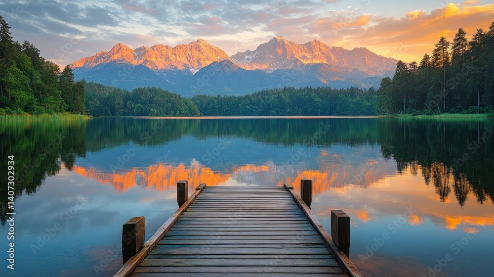 Serene mountain lake at sunset. Wooden pier leading to tranquil water reflecting peaks. Lush forest surrounds the still lake Serene mountain lake at sunset. Wooden pier leading to tranquil water reflecting peaks. Lush forest surrounds the still lake