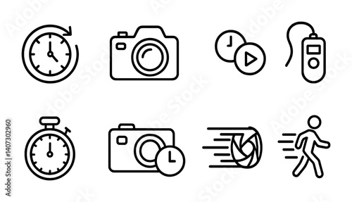 outline vector icons of time-based capture: time-lapse, long exposure, slow motion, intervalometer, timer, shutter delay, burst mode, motion blur. No text. The icons should be clean. isolated
