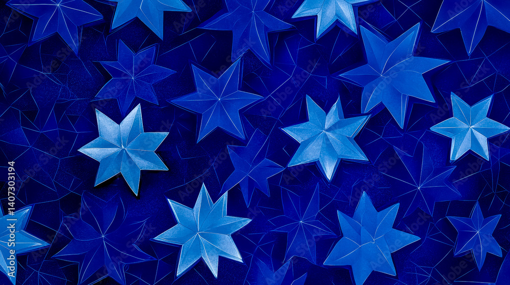 Blue origami stars creating intricate mosaic pattern on dark background Blue origami stars creating intricate mosaic pattern on dark background