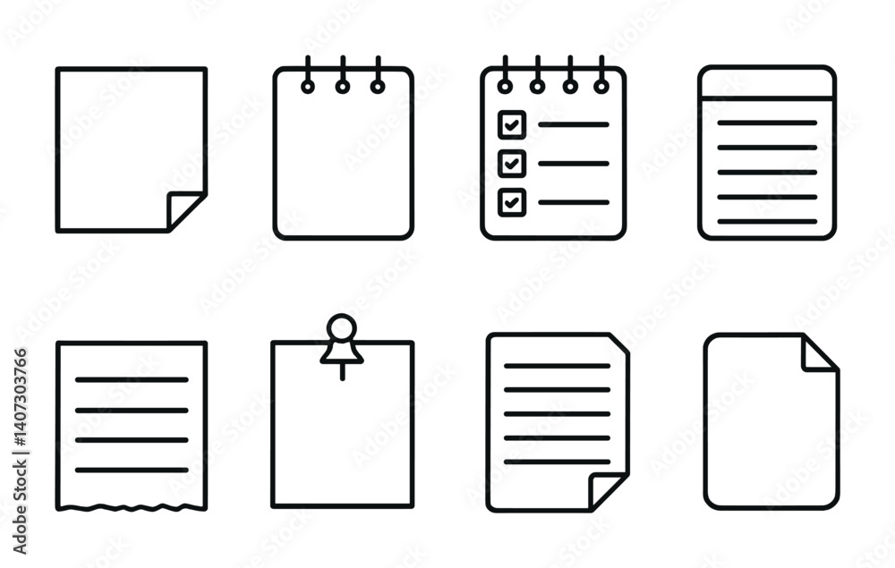 outline vector icons of basic notes: sticky note, notepad, checklist, memo pad, lined paper, torn note, note with pin, folded corner. No text. The icons should be clean. isolated transparent
