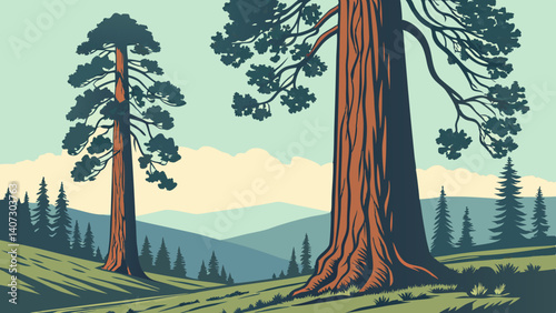 Artistic vector of Sequoia National Park’s giant trees – California, USA
