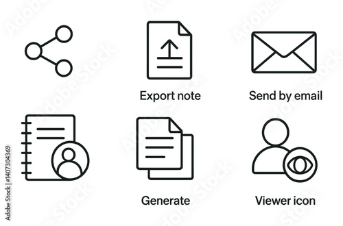 outline vector icons of note sharing: share icon, export note, send by email, shared notebook, copy note, generate link, collaborate icon, viewer icon. No text. The icons should be clean. isolated