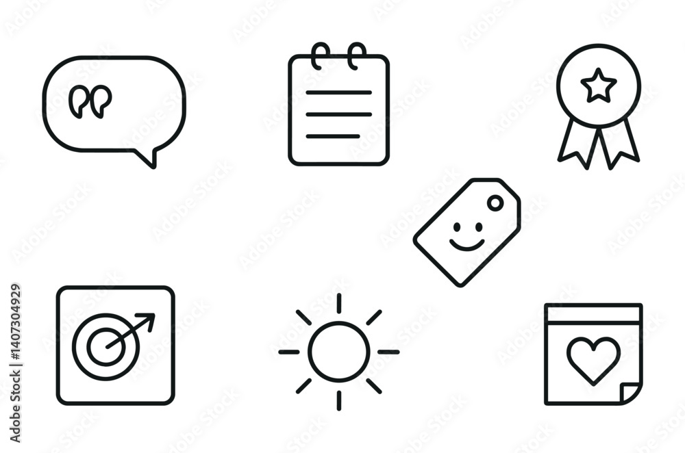 Fototapeta premium outline vector icons of inspirational notes: quote bubble, daily affirmation, positive word, motivational tag, success symbol, goal highlight, sun icon, heart note. No text. The icons should be clean