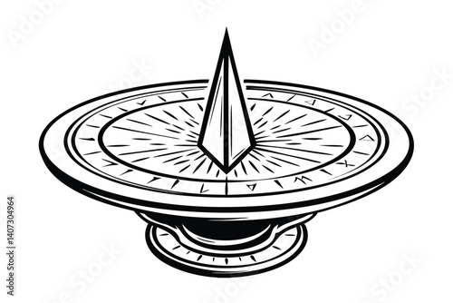 Vintage Sundial Illustration Classic Timekeeping Device Black And White Line Art Ancient Navigation Tool Historical Instrument Outdoor Decor