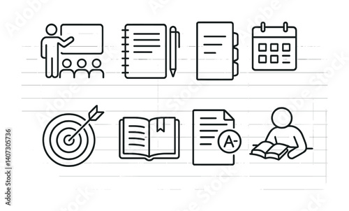 outline vector icons of academic notes: lecture icon, notebook with pen, subject divider, class schedule, academic goal, textbook note, grade icon, study session. No text. The icons should be clean.