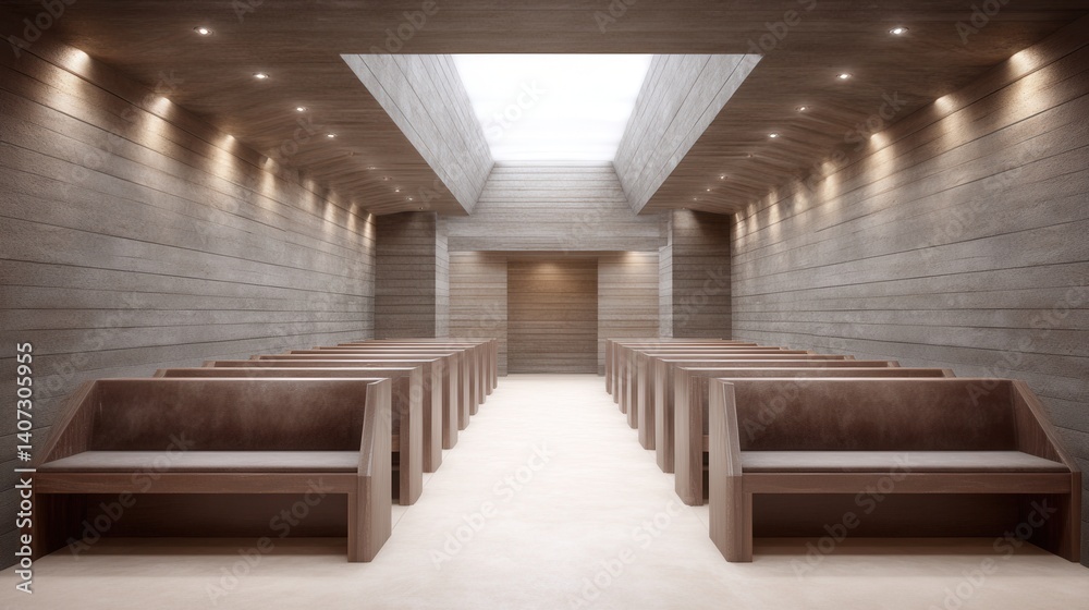 Fototapeta premium A minimalist interior design featuring a spacious room with wooden benches, warm lighting, and a skylight creating a serene atmosphere, ideal for contemplation and gatherings.