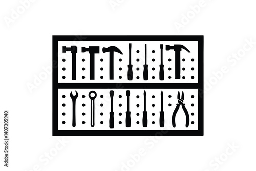 Black And White Illustration Of A Tool Organizer With Hammers Screwdrivers Wrenches And Pliers For Construction
