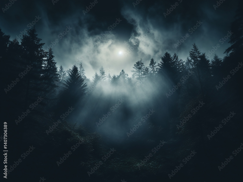 Fototapeta premium The forest is bathed in moonlight with dark green shifting to midnight blue and misty air