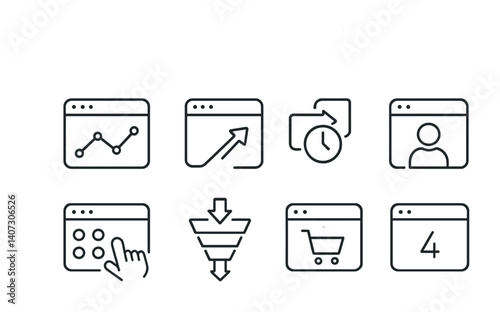 outline vector icons of website analytics: traffic graph, bounce rate, session icon, user behavior, click heatmap, funnel path, conversion rate, page views. No text. The icons should be clean.