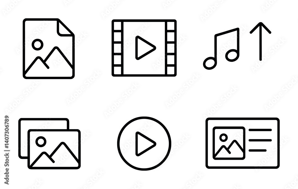 outline vector icons of website media: image file, video clip, audio track, upload icon, media gallery, play button, media preview, lightbox. No text. The icons should be clean. isolated transparent outline vector icons of website media: image file, video clip, audio track, upload icon, media gallery, play button, media preview, lightbox. No text. The icons should be clean. isolated transparent