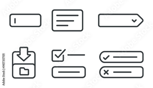 outline vector icons of online forms: input field, text area, dropdown, submit button, file upload, form validation, success message, form error. No text. The icons should be clean. isolated