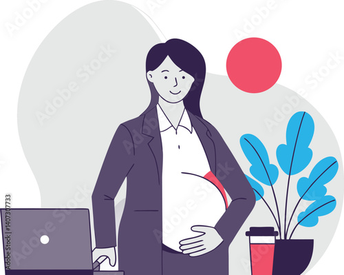 Pregnant Businesswoman Vector Illustration – Confident Expecting Mother in Office Setting with Laptop, Coffee, and Plant Symbolizing Maternity, Career Balance, and Professional Life