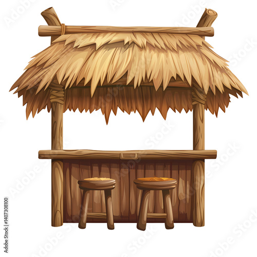 Wooden Hut Illustration: A charming, sun-drenched illustration showcasing a rustic wooden hut, complete with a thatched roof and inviting stools.