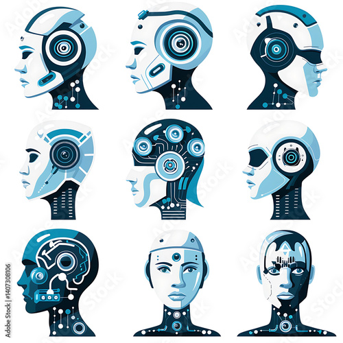 Cybernetic Portraits: A set of stylized portraits of futuristic robots, showcasing their intricate designs and technological sophistication.