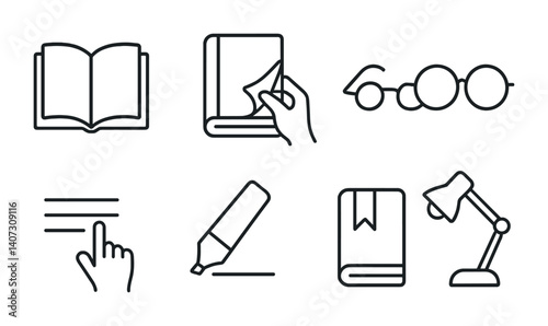 outline vector icons of email user interface: sidebar menu, message list, reading pane, toolbar icons, search bar, profile icon, quick filters, layout toggle. No text. The icons should be clean.