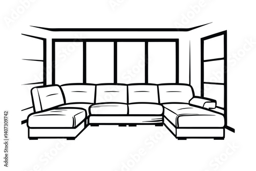 Modern Sectional Sofa Outline Drawing With Panoramic Windows Creates Cozy Interior Illustration Isolated