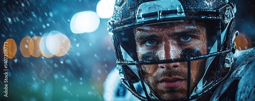 Closeup of an intense American football player on the field