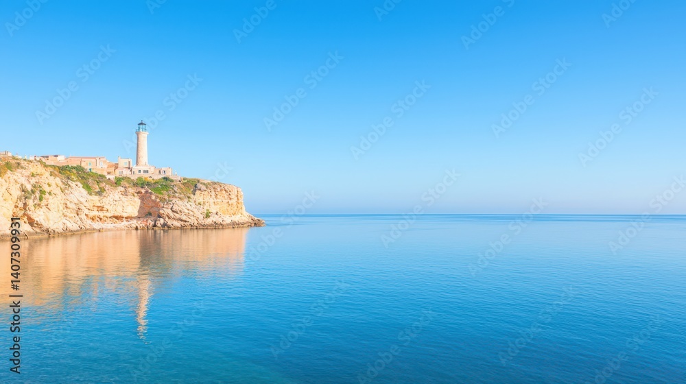 A serene coastal view featuring a lighthouse on a rocky cliff. The calm blue sea reflects the clear skies, creating a peaceful atmosphere ideal for relaxation and inspiration. A serene coastal view featuring a lighthouse on a rocky cliff. The calm blue sea reflects the clear skies, creating a peaceful atmosphere ideal for relaxation and inspiration.