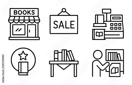 outline vector icons of bookshops: bookstore front, sale sign, book display, cash register, staff pick, book fair icon, new arrival tag, shelf browsing. No text. The icons should be clean. isolated