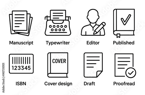 outline vector icons of publishing: manuscript, typewriter, editor icon, published book, ISBN, cover design, draft version, proofread mark. No text. The icons should be clean. isolated transparent