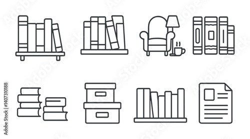 outline vector icons of CMS and blogging: dashboard, add post, edit page, media library, categories, tags, publish icon, scheduled post. No text. The icons should be clean. isolated transparent
