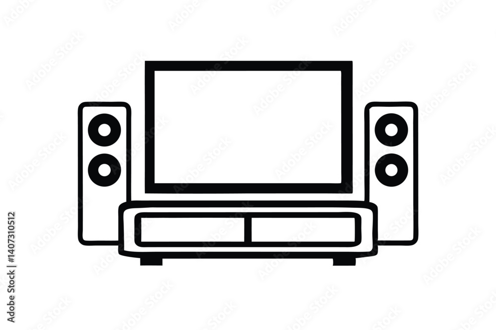 Minimalist Line Art Of Television Set With Speakers And Media Console Entertainment System Design