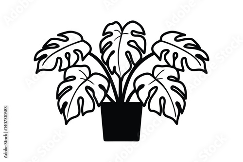 Monstera Plant Outline In Pot Vector Illustration For Interior Design And Botanical Themed Creative Projects